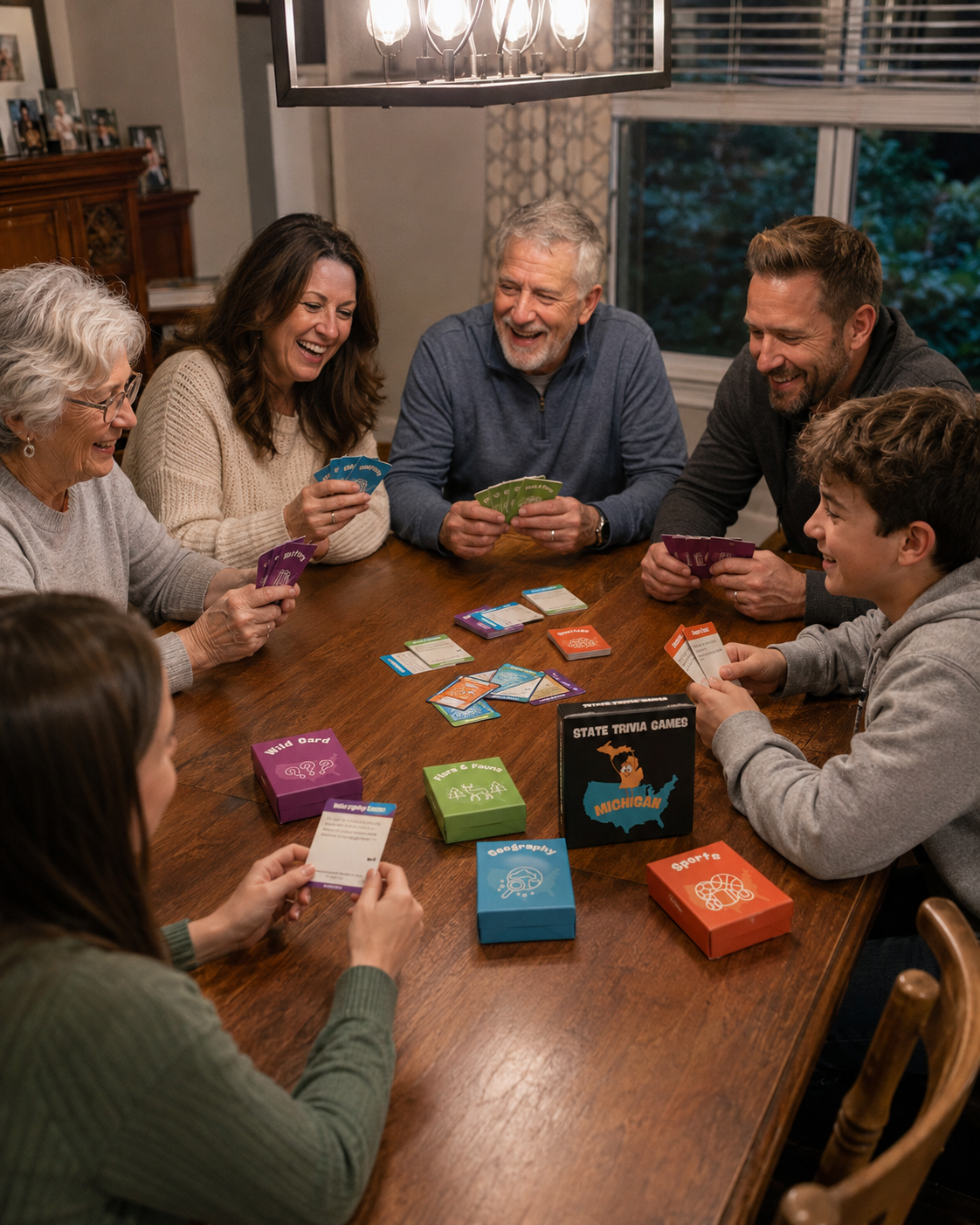 Family playing card games around a wooden table in a cozy living room.